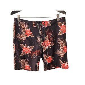 Hurley Black Hibiscus Pink Floral Print Volley Swim Shorts Size 32